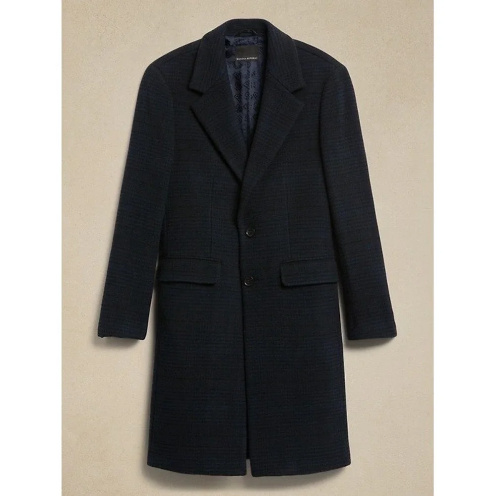 BANANA REPUBLIC Trento Plaid Topcoat Trench Coat Men's Medium Navy Wool Emmetex